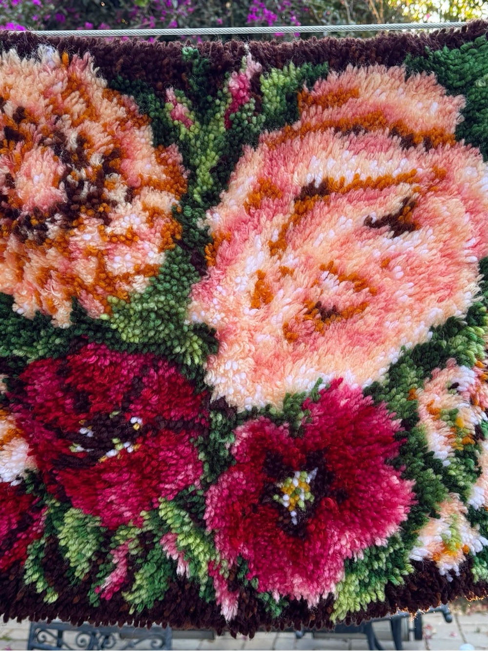 Vintage Handmade Floral Latch Hook 1970s Pink Red Wall Hanging 19 X 28